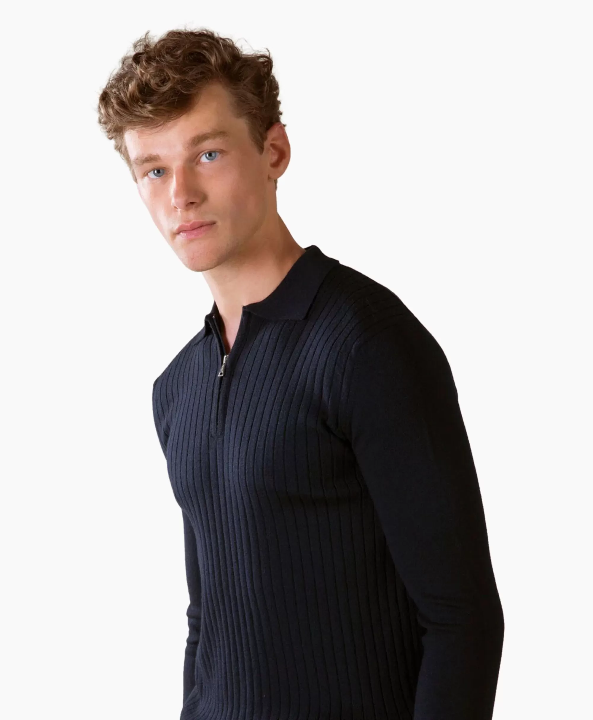 Maglione Aurelien con Cerniera a Coste - Polo Manica Lunga Design Elegante in Blu Scuro Intenso