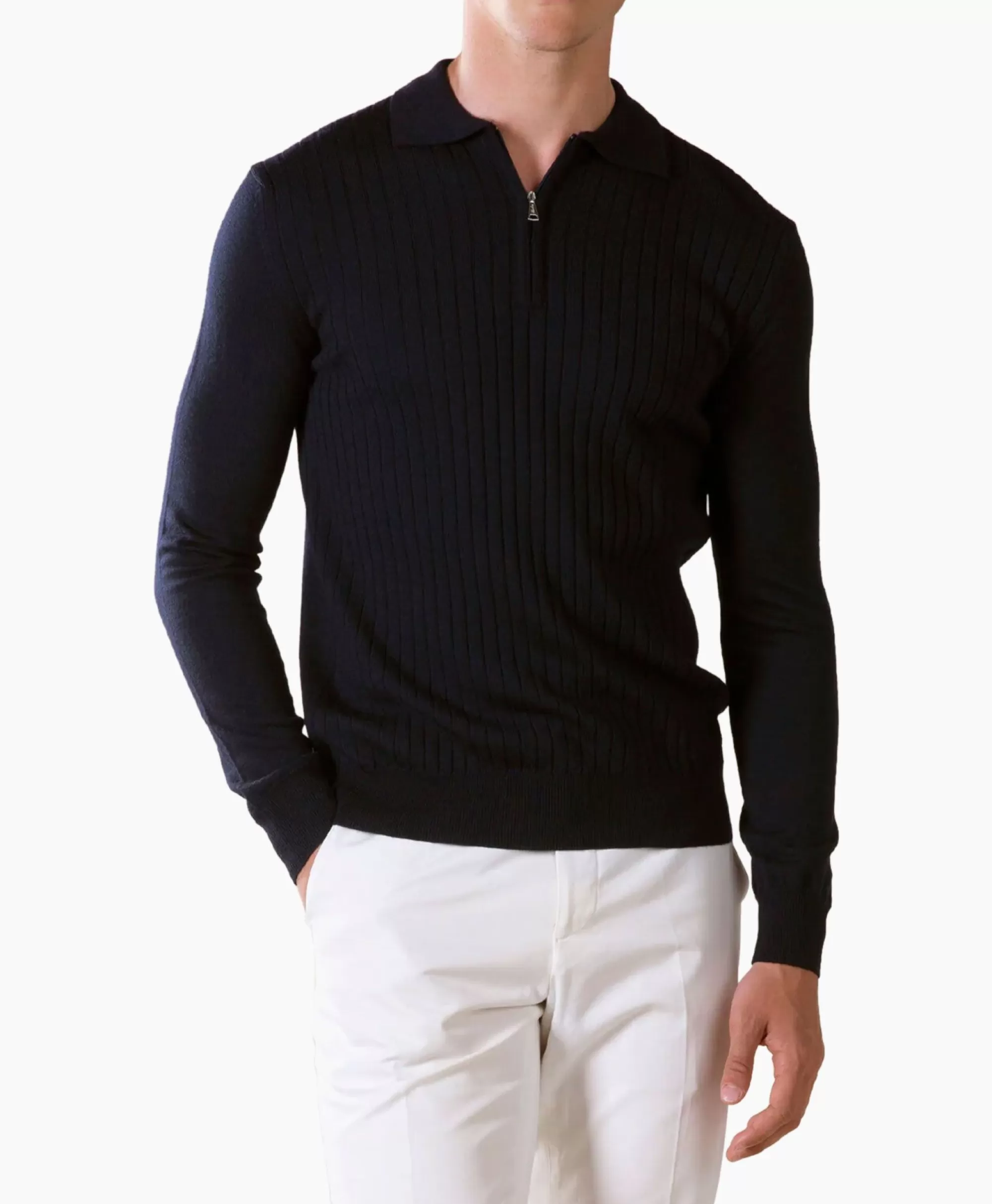Maglione Aurelien con Cerniera a Coste - Polo Manica Lunga Design Elegante in Blu Scuro Intenso