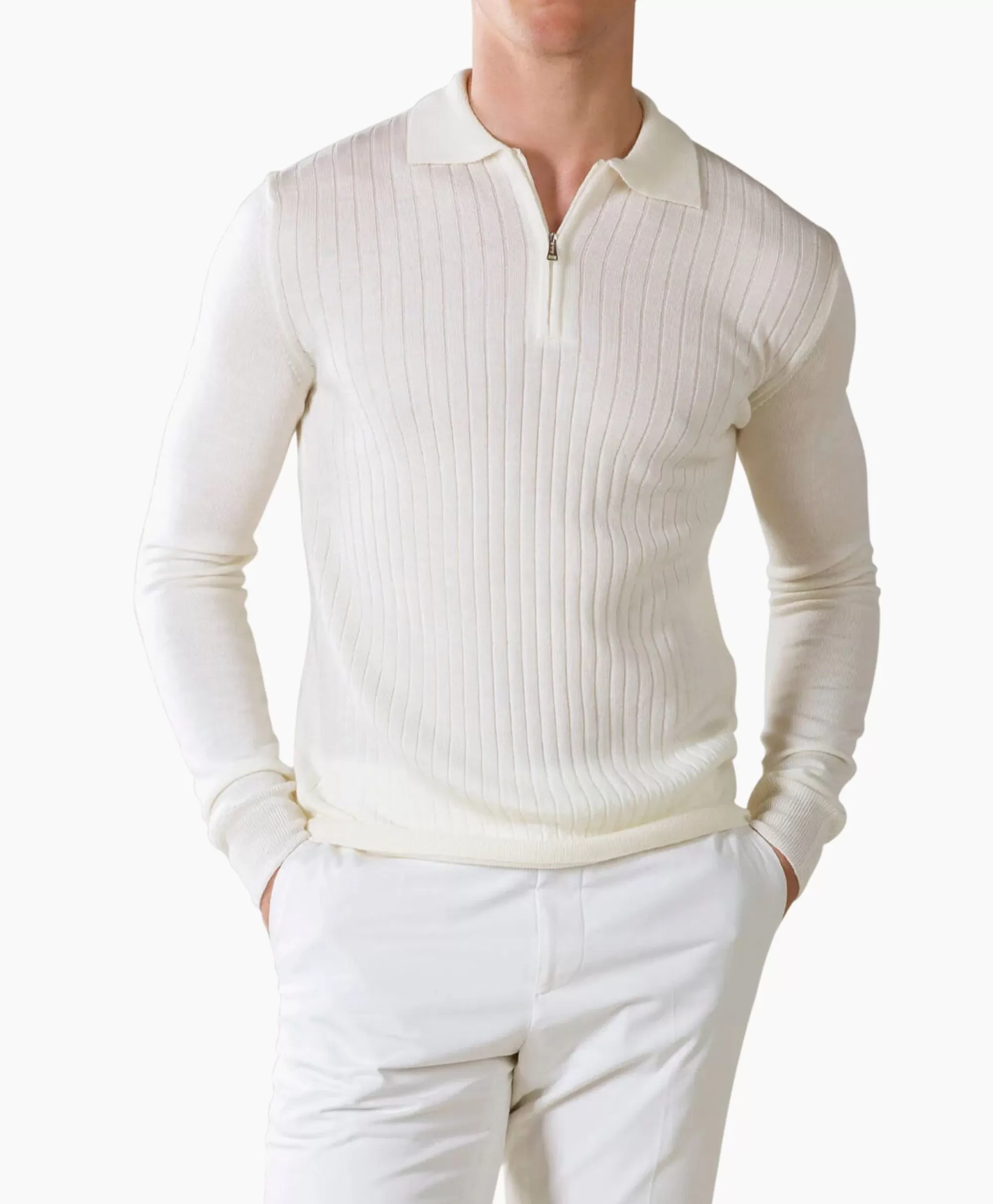 Truien Aurelien - Maglione Polo con Cerniera a Righe a Coste, Manica Lunga Bicolore Avorio e Naturale - Comfort Elegante