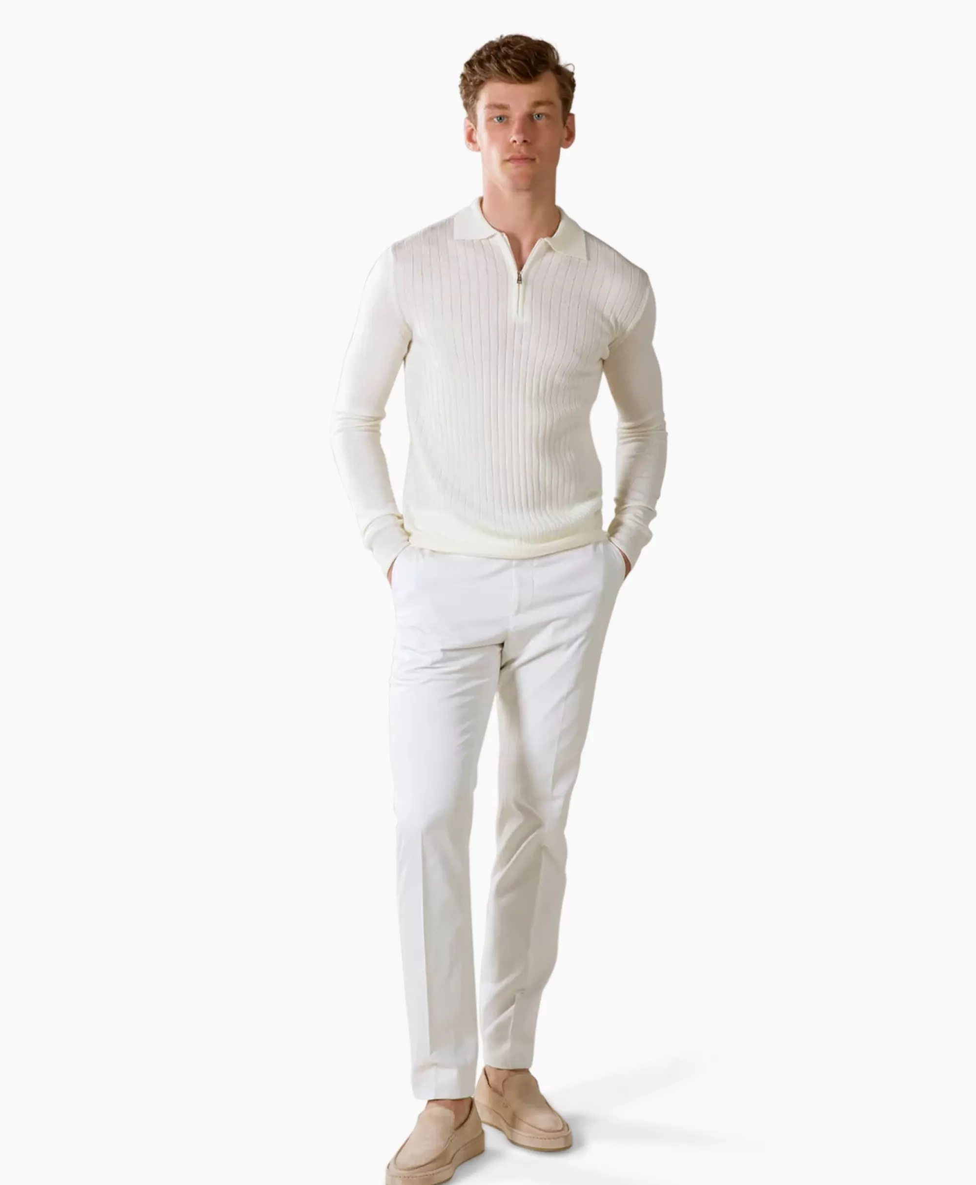 Truien Aurelien - Maglione Polo con Cerniera a Righe a Coste, Manica Lunga Bicolore Avorio e Naturale - Comfort Elegante
