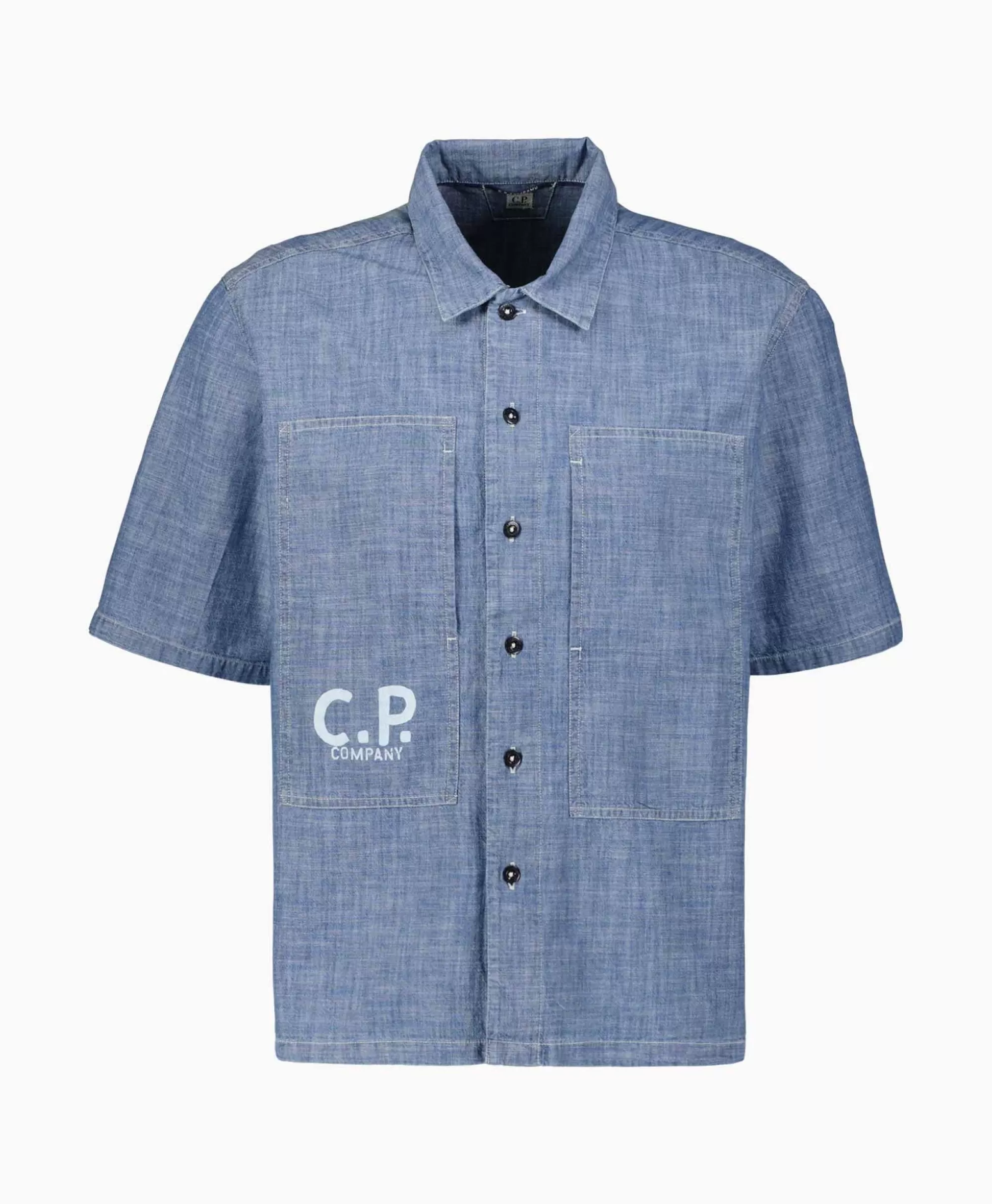 CP COMPANY Maglietta Chambray con Logo - Maniche Corte Blu Chiaro