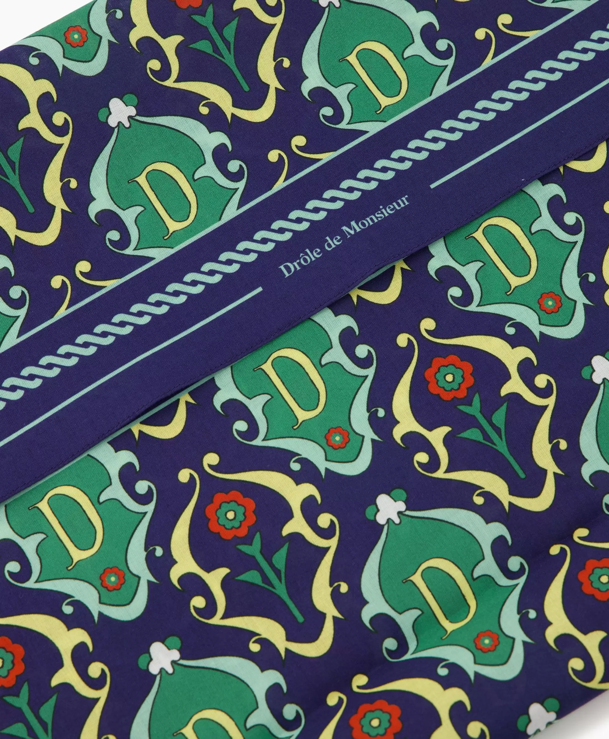 Sciarpa Elegante con Motivi Decorativi in Blu Scuro - Stile Francese Drôle de Monsieur