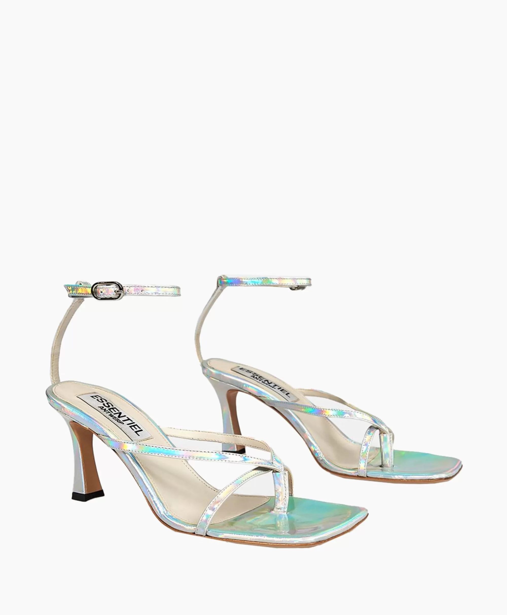 Scarpa Sandalo Essentiel Antwerp con Tacco in Argento Lucido