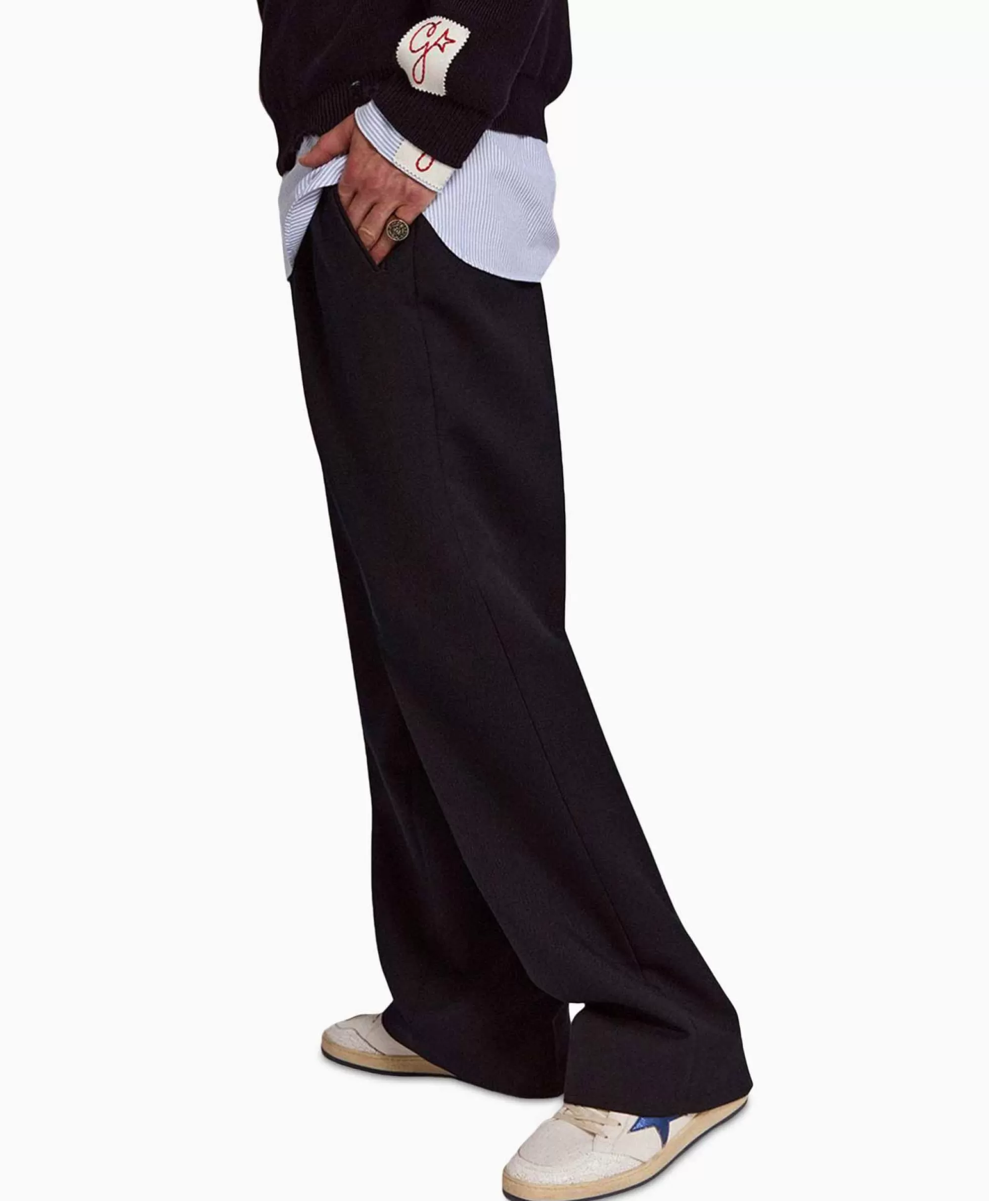Golden Goose Pantaloni Modello Golden M - Taglio Oversize Confortevoli in Gabardine Lana Compatta, Blu Scuro Elegante per Stile Quotidiano