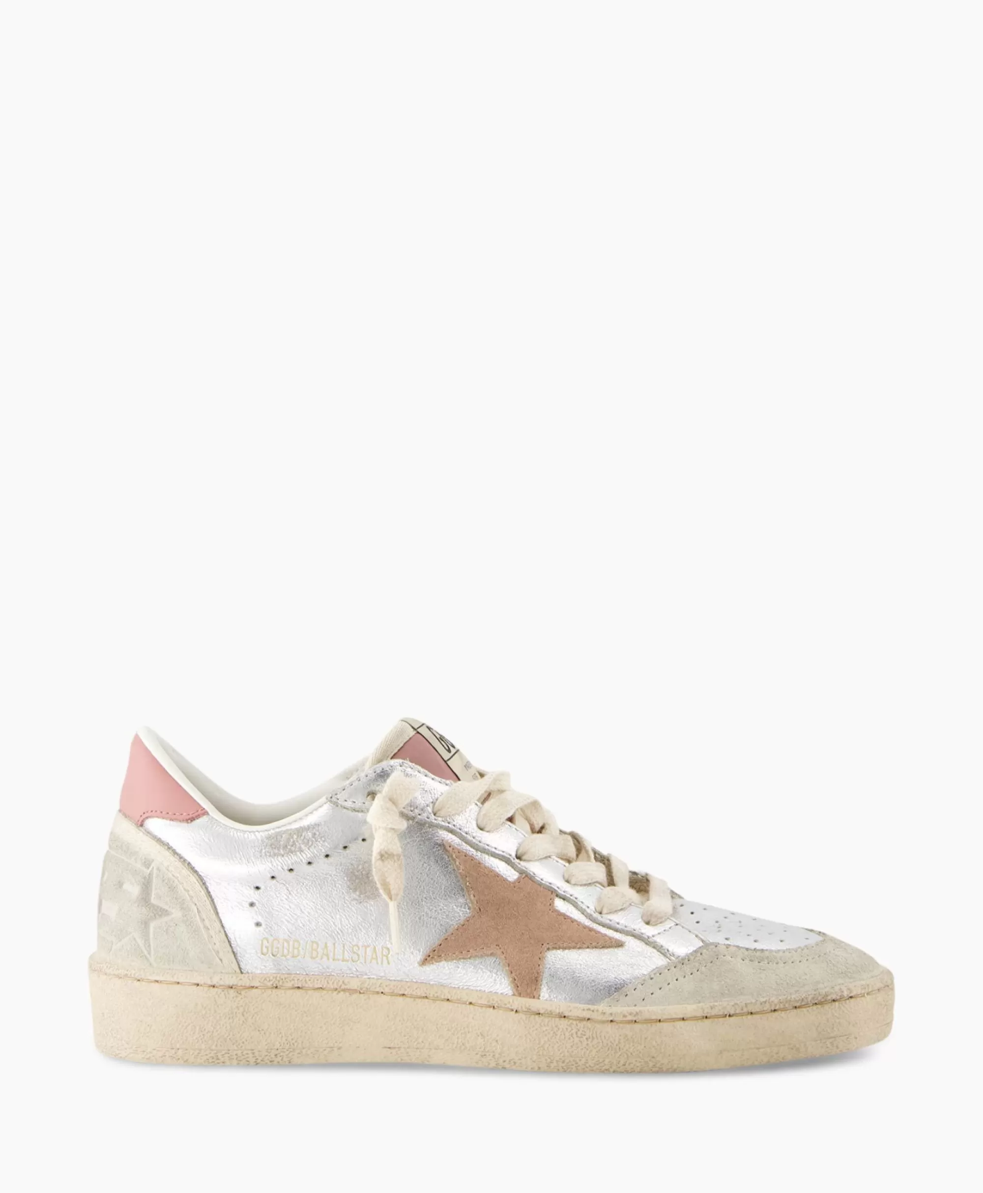 Scarpe da Ginnastica Golden Goose Ballstar - Pelle Scamosciata Lavata con Dettaglio Laminato e Inserti Stellari Argentati