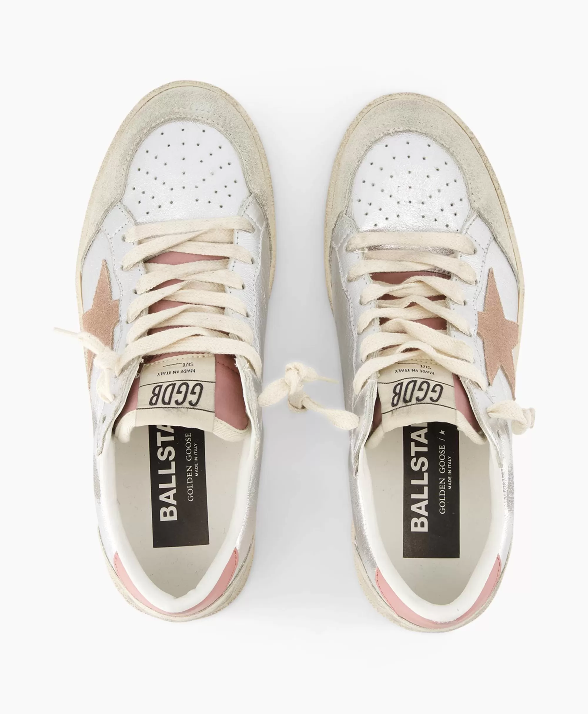Scarpe da Ginnastica Golden Goose Ballstar - Pelle Scamosciata Lavata con Dettaglio Laminato e Inserti Stellari Argentati