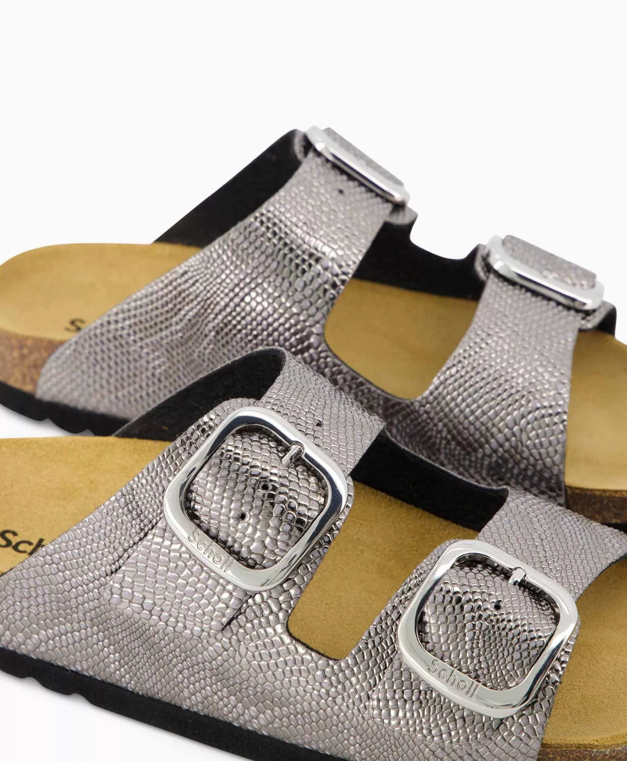 Sandali Scholl Iconic Comode e Stilose - Modello F31526 in Tomaia Morbida con Plateau Argento Metallizzato, Design Ergonomico Per Tutto il Giorno